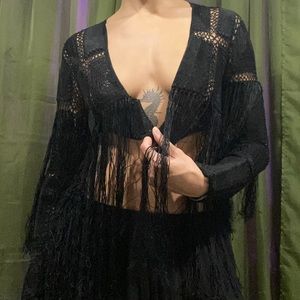 Black Fringe Long Sleeve Crochet Jacket